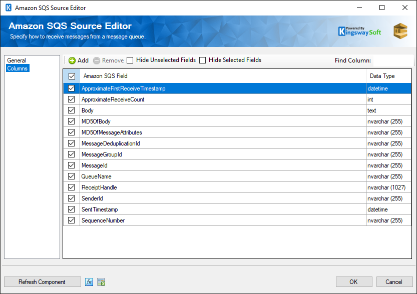 SSIS Amazon SQS Source - Columns